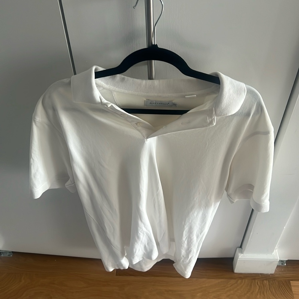 Large white collared polo t-shirt by Alex Cannon. 100% cotton.